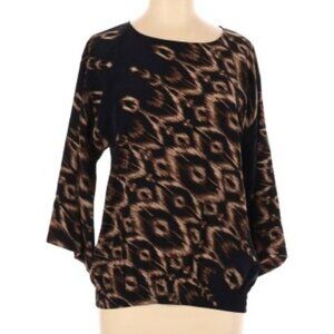 Chico’s Blouse Tribal Pattern Tan Black 3/4 Sleeve Elastic Waist Size Medium